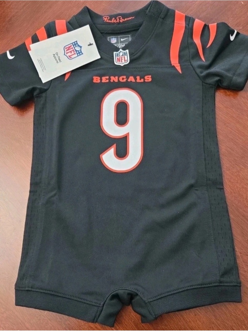 Nike Black & Orange Bengals #9 Baby Jersey Romper 6-9 NWT Gift Ready